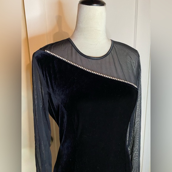 Vintage 90’s Velvet Maxi Dress Mesh Long Sleeves with Side Slit barbiecore noir - Picture 4 of 8